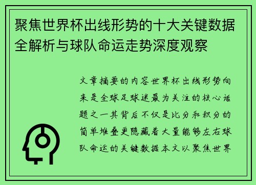 聚焦世界杯出线形势的十大关键数据全解析与球队命运走势深度观察 聚焦世界杯出线形势的十大关键数据全解析与球队命运走势深度观察